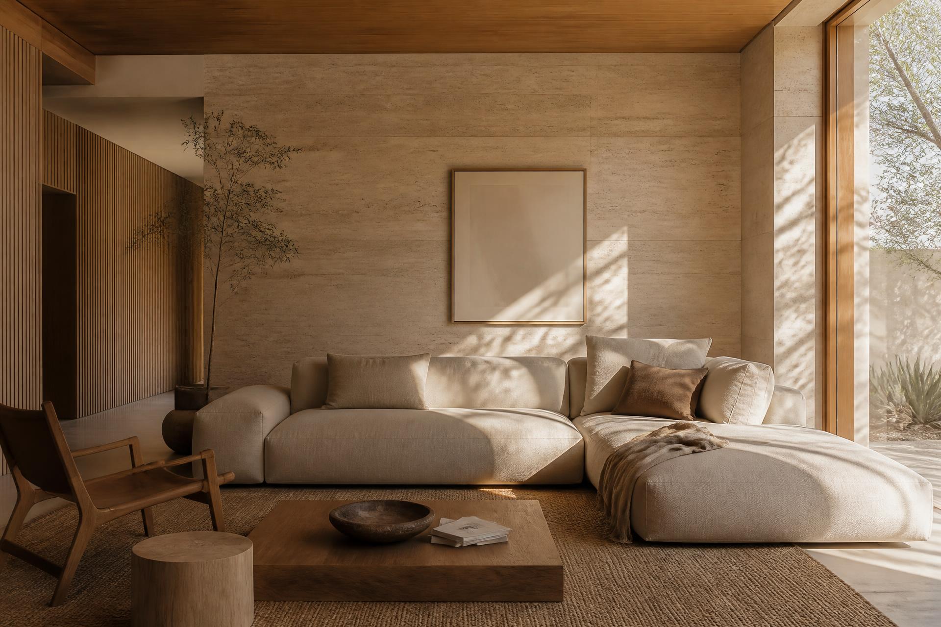 Interior residencial minimalista em tons de travertino e madeira